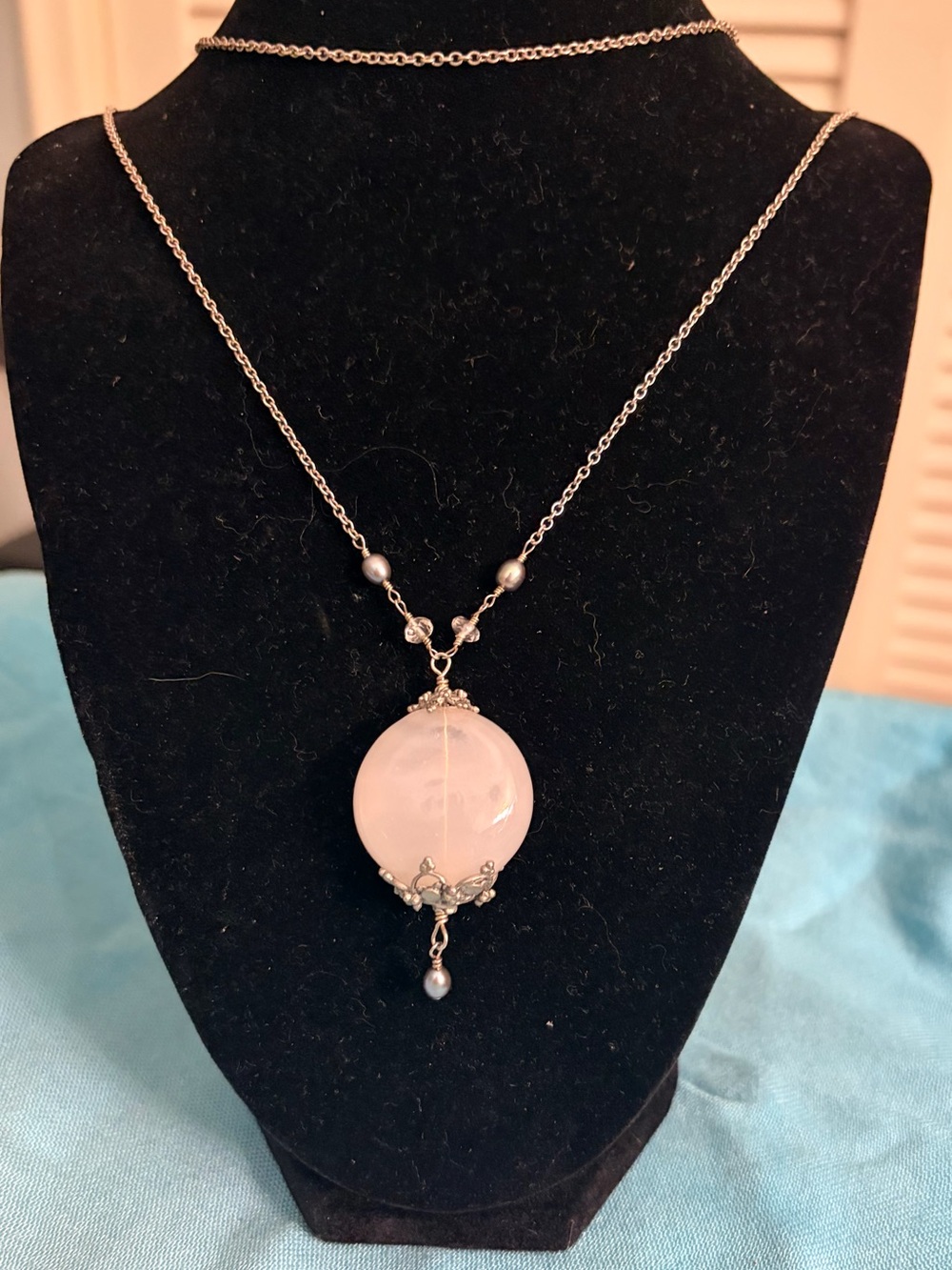 Delicate Pink Stone Pendant Necklace with Silver Accents
